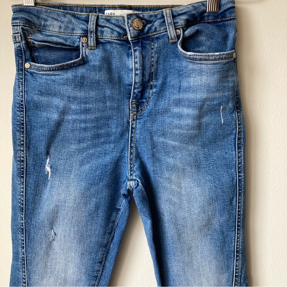 Zara Deconstructed Ripped Skinny Jeans Stretch Blue Women 4 High Waist Rise Raw - Picture 3 of 6